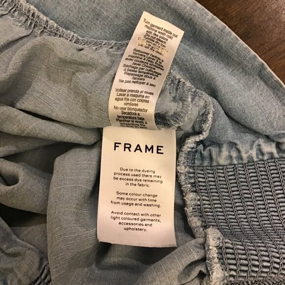 FRAME Large Flutter Sleeve Smocked Chambray Women’s Linen Blend Top Blouse - Picture 8 of 10